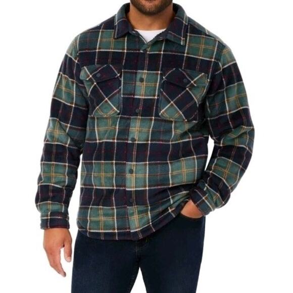 Member's Mark Men's Fleece & Sherpa Lined Shacket Blue Green Plaid Pocketed XL - Picture 3 of 16